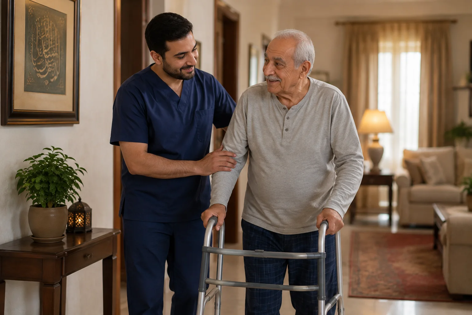 ممرض يساعد مسناً على المشي في المنزل